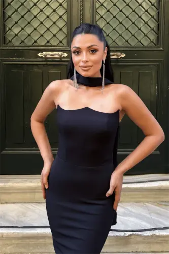 Satin Fabric Strapless Evening Dress with Shawl Detail - BLACK - 4