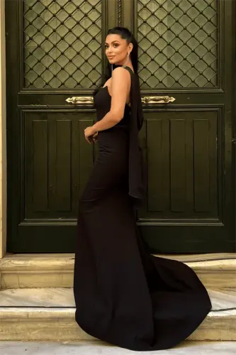 Satin Fabric Strapless Evening Dress with Shawl Detail - BLACK - 5