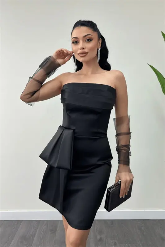 Satin Fabric Strapless Mini Dress - BLACK - 3
