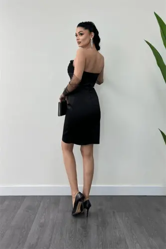 Satin Fabric Strapless Mini Dress - BLACK - 5