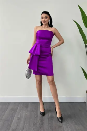 Satin Fabric Strapless Mini Dress - FUCHSIA - BÜYÜKBEDENIZ (1)