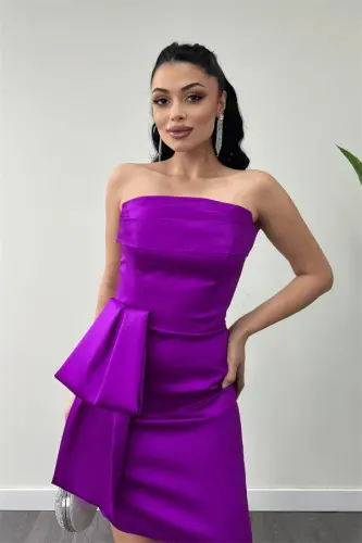 Satin Fabric Strapless Mini Dress - FUCHSIA - 4