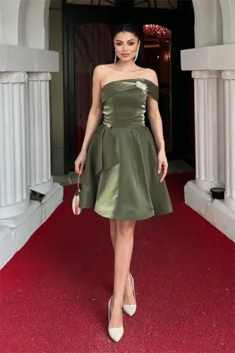 Satin Fabric Strapless Mini Dress - KHAKI GREEN - 1