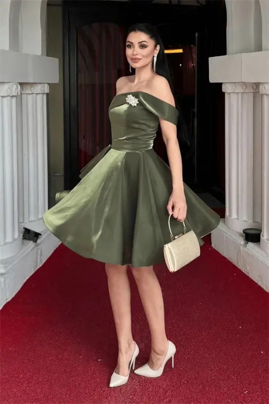 Satin Fabric Strapless Mini Dress - KHAKI GREEN - 2