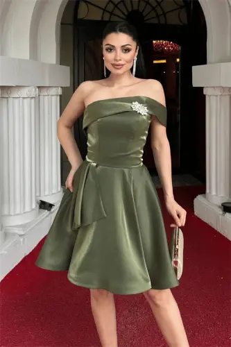 Satin Fabric Strapless Mini Dress - KHAKI GREEN - 3