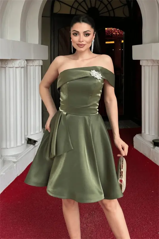 Satin Fabric Strapless Mini Dress - KHAKI GREEN - 3