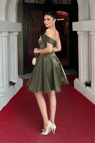 Satin Fabric Strapless Mini Dress - KHAKI GREEN - 5