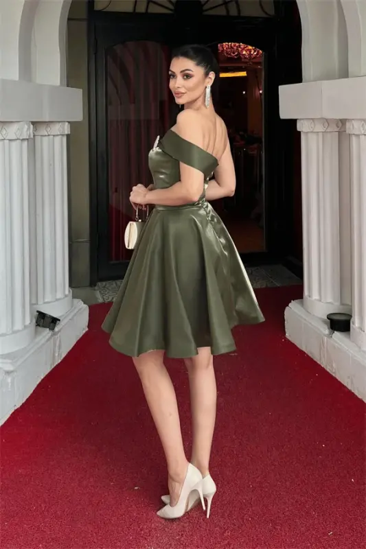 Satin Fabric Strapless Mini Dress - KHAKI GREEN - 5