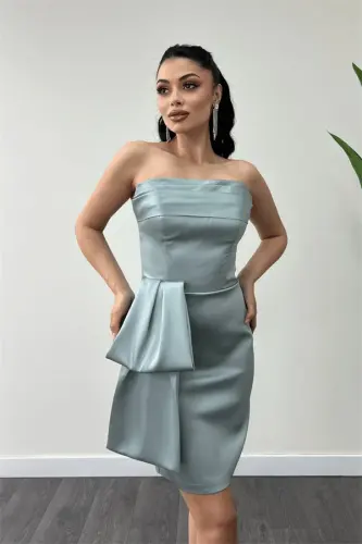 Satin Fabric Strapless Mini Dress - MINT GREEN - 3