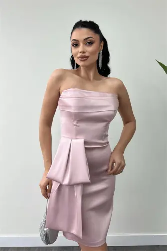 Satin Fabric Strapless Mini Dress - POWDER - 3