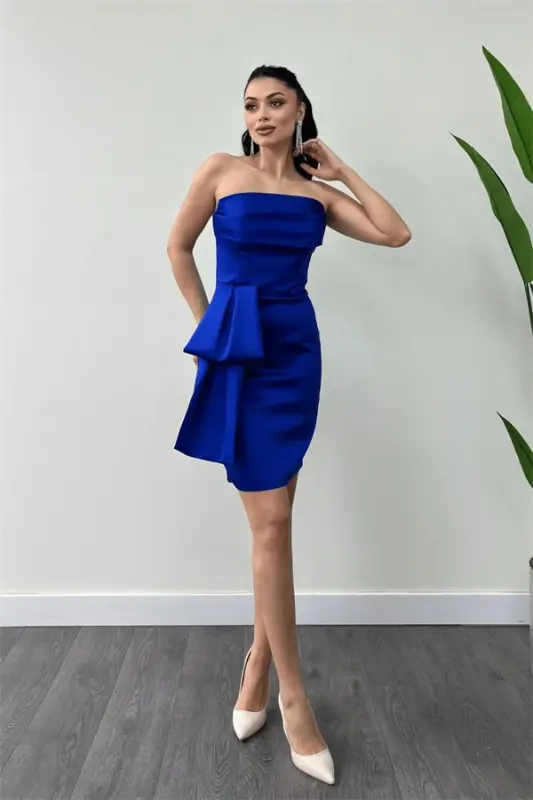 Satin Fabric Strapless Mini Dress - SAPPHIRE BLUE - 2