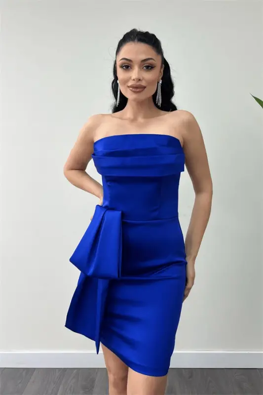 Satin Fabric Strapless Mini Dress - SAPPHIRE BLUE - 3