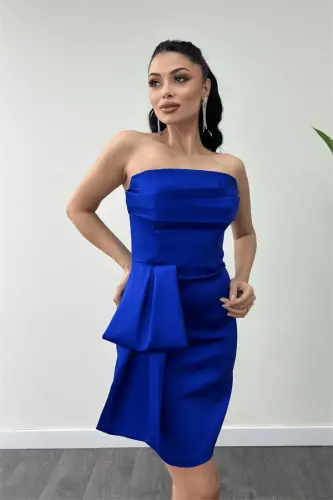 Satin Fabric Strapless Mini Dress - SAPPHIRE BLUE - 4