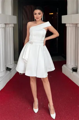 Satin Fabric Strapless Mini Dress - WHITE - 1