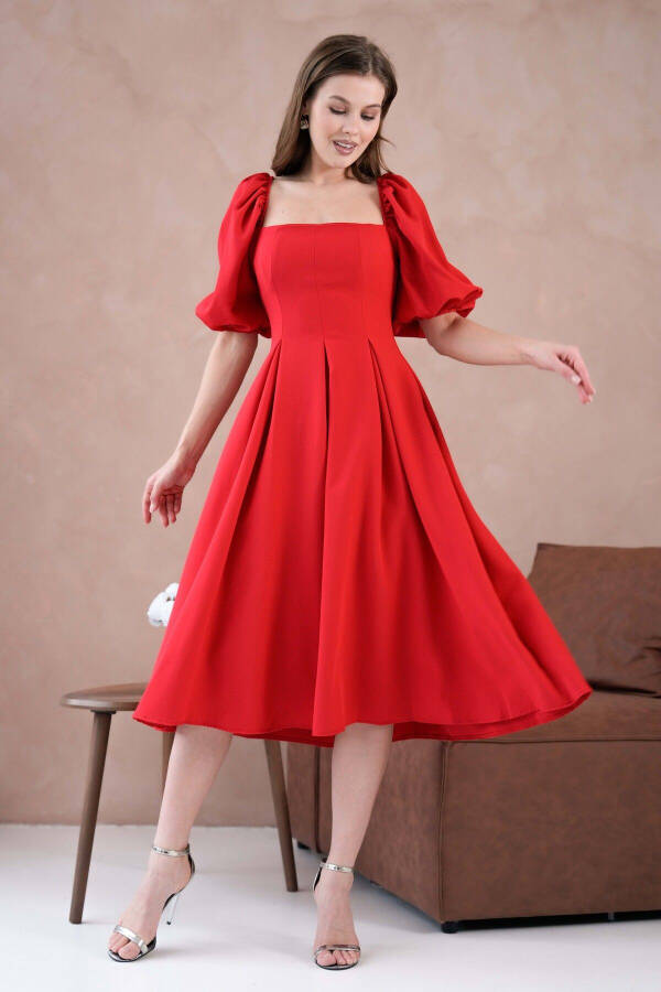 Satin Fabric Strapless Neck Short Puff Sleeves Midi Bo - 1