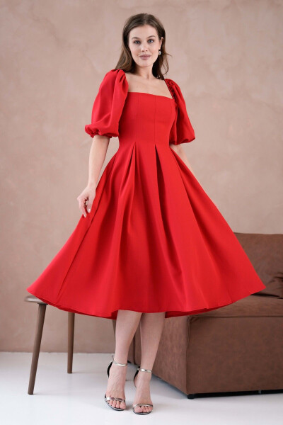 Satin Fabric Strapless Neck Short Puff Sleeves Midi Bo - 5