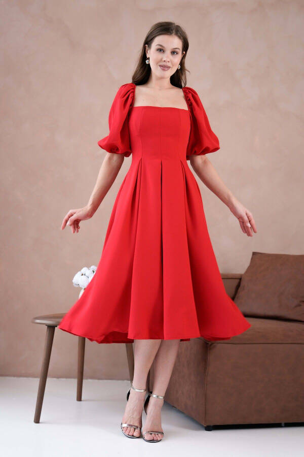 Satin Fabric Strapless Neck Short Puff Sleeves Midi Bo - 6