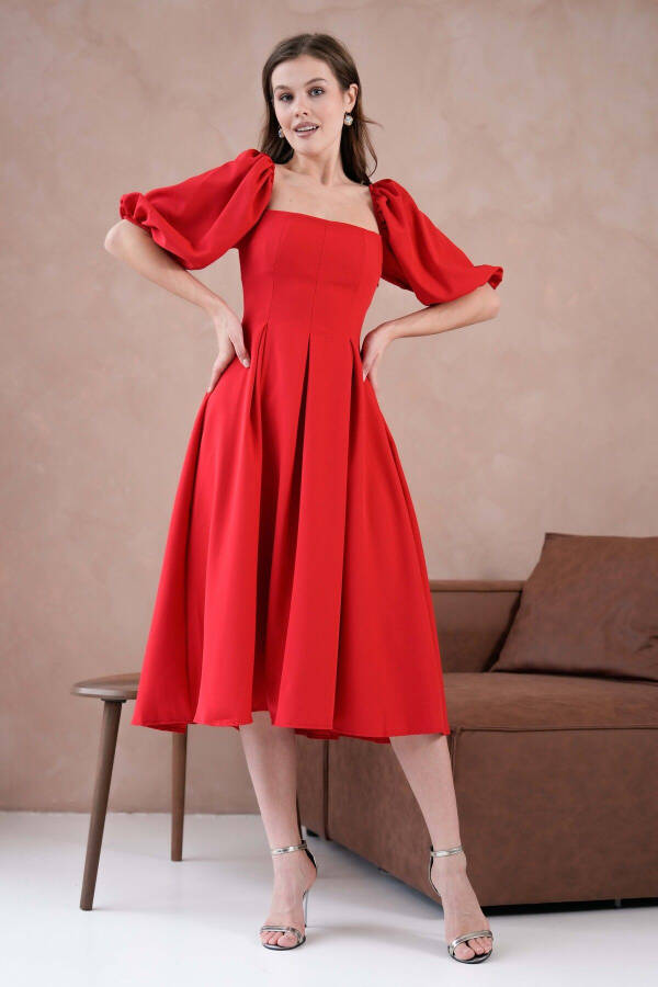 Satin Fabric Strapless Neck Short Puff Sleeves Midi Bo - 7