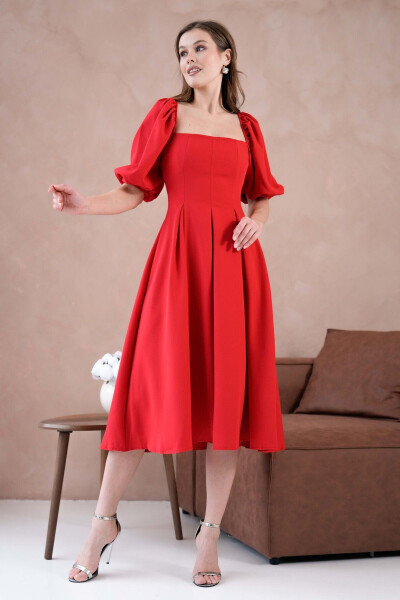 Satin Fabric Strapless Neck Short Puff Sleeves Midi Bo - 8