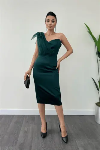 Satin Fabric Strapless Pencil Dress with Tulle Detail - EMERALD GREEN - 1