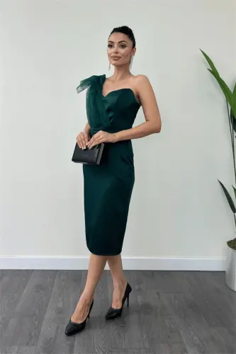 Satin Fabric Strapless Pencil Dress with Tulle Detail - EMERALD GREEN - 2