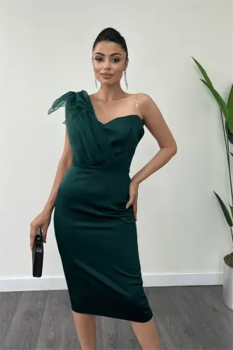 Satin Fabric Strapless Pencil Dress with Tulle Detail - EMERALD GREEN - 3