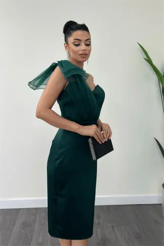 Satin Fabric Strapless Pencil Dress with Tulle Detail - EMERALD GREEN - 4