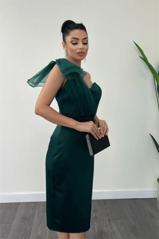 Satin Fabric Strapless Pencil Dress with Tulle Detail - EMERALD GREEN - 4