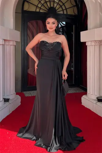 Satin Fabric Strapless Shawl Detailed Evening Dress - BLACK - 1