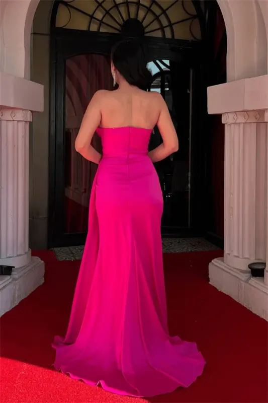 Satin Fabric Strapless Shawl Detailed Evening Dress - FUCHSIA - 5