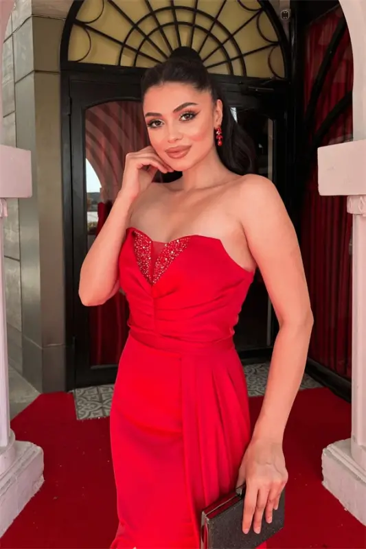 Satin Fabric Strapless Shawl Detailed Evening Dress - RED - 3