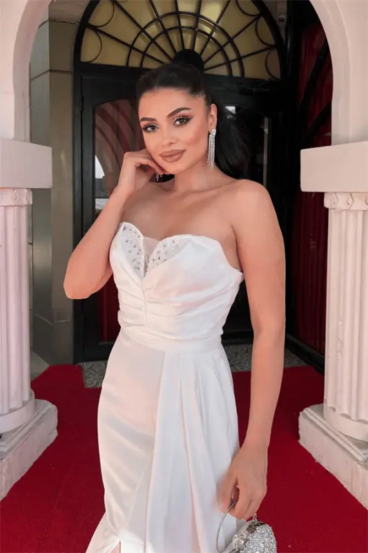 Satin Fabric Strapless Shawl Detailed Evening Dress - WHITE - 3