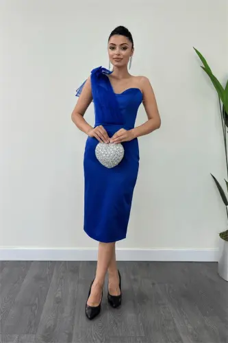 Satin Fabric Strapless Tulle Detailed Pencil Dress - SAPPHIRE BLUE - BÜYÜKBEDENIZ (1)