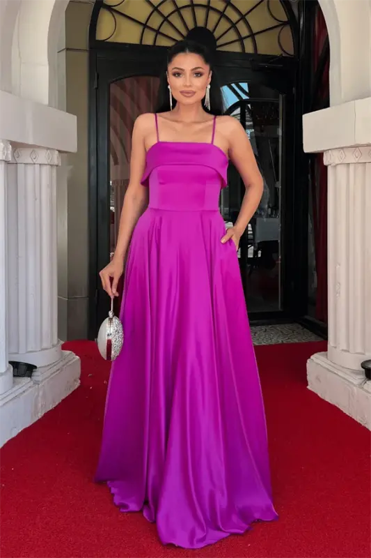 Satin Fabric Strappy Evening Dress - FUCHSIA - 1