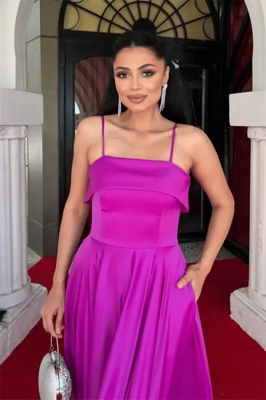Satin Fabric Strappy Evening Dress - FUCHSIA - 4