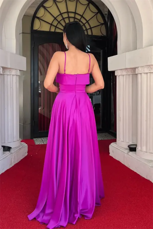 Satin Fabric Strappy Evening Dress - FUCHSIA - 5