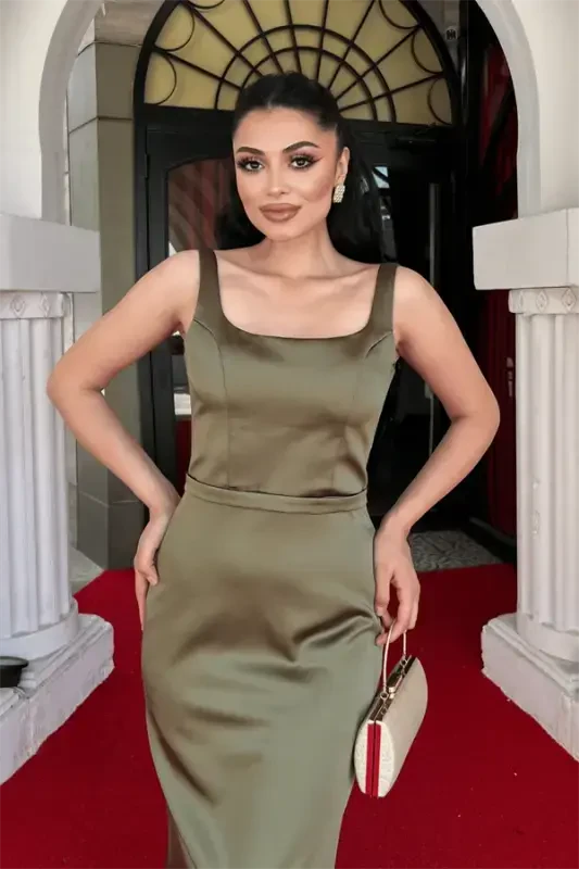 Satin Fabric Strappy Fishtail Dress - KHAKI GREEN - 3