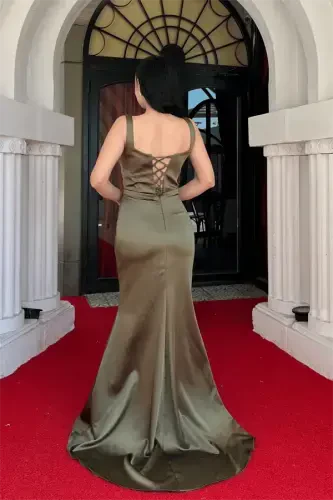 Satin Fabric Strappy Fishtail Dress - KHAKI GREEN - 5