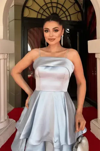 Satin Fabric Strappy Mini Dress - BABY BLUE - 3