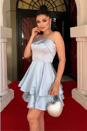 Satin Fabric Strappy Mini Dress - BABY BLUE - 4