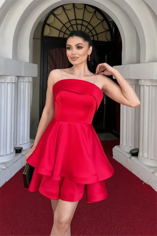 Satin Fabric Strappy Mini Dress - RED - 3