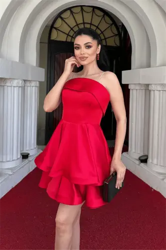 Satin Fabric Strappy Mini Dress - RED - 4