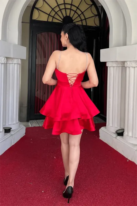 Satin Fabric Strappy Mini Dress - RED - 5