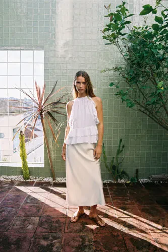 SATIN FINISH MIDI SKIRT-Ecru - Modazone