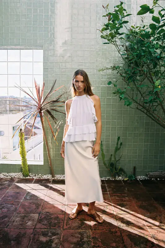 SATIN FINISH MIDI SKIRT-Ecru - 1