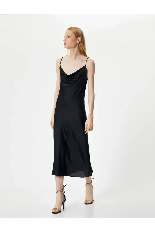 Satin Long Evening Dress Cowl Neck Spaghetti Strap - KOTON