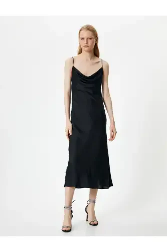 Satin Long Evening Dress Cowl Neck Spaghetti Strap - 3