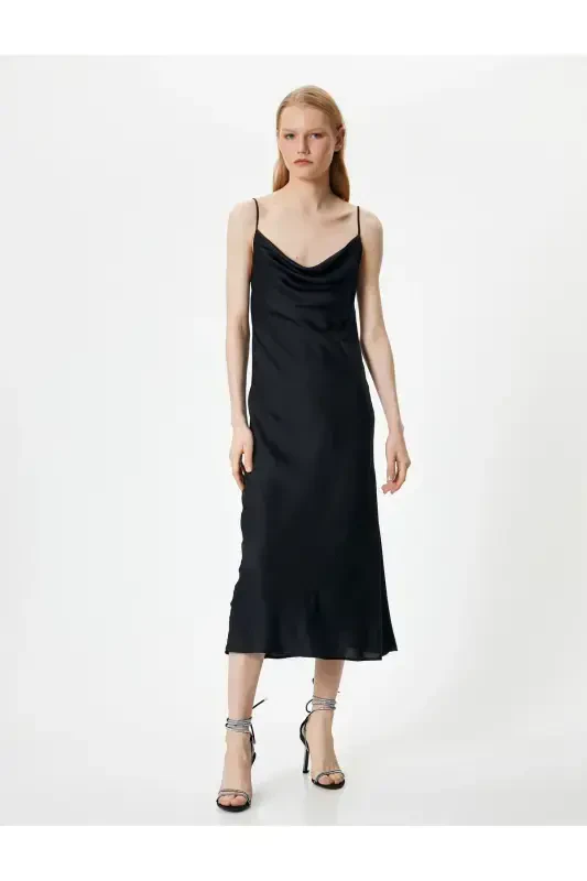 Satin Long Evening Dress Cowl Neck Spaghetti Strap - 3