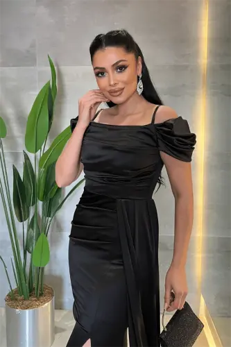 Satın matoli buklangan shal detallari bilan kechki libos - QORA - 3