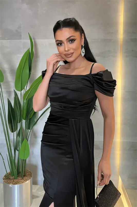 Satın matoli buklangan shal detallari bilan kechki libos - QORA - 3